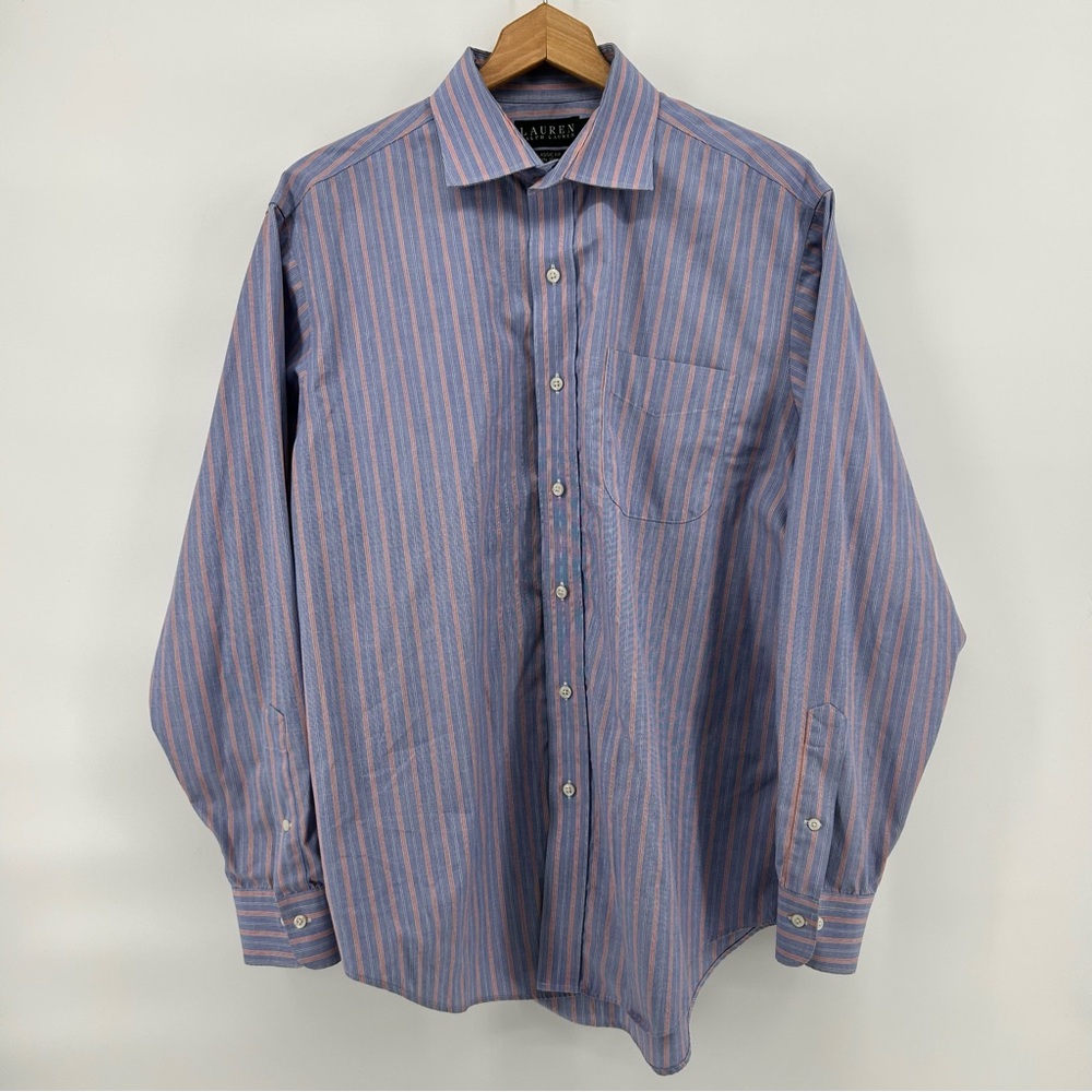 Lauren Ralph Lauren Shirt 16.5 34/35 Blue Orange Stripe Non Iron Business Casual